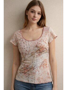 Vintage Y2K Japanese Blossom Writing Print Cotton Sequin Baby Tee Medium